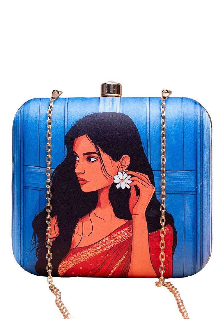 Blue Fabric Printed Box Clutch - Indya