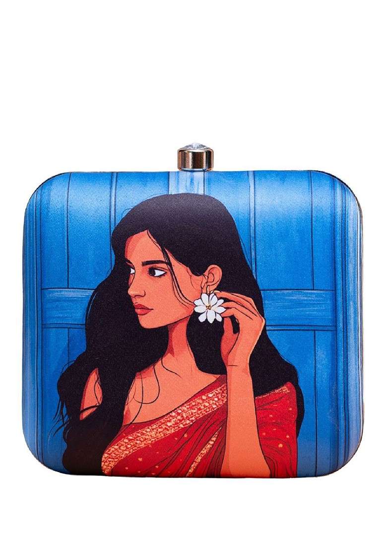 Blue Fabric Printed Box Clutch - Indya
