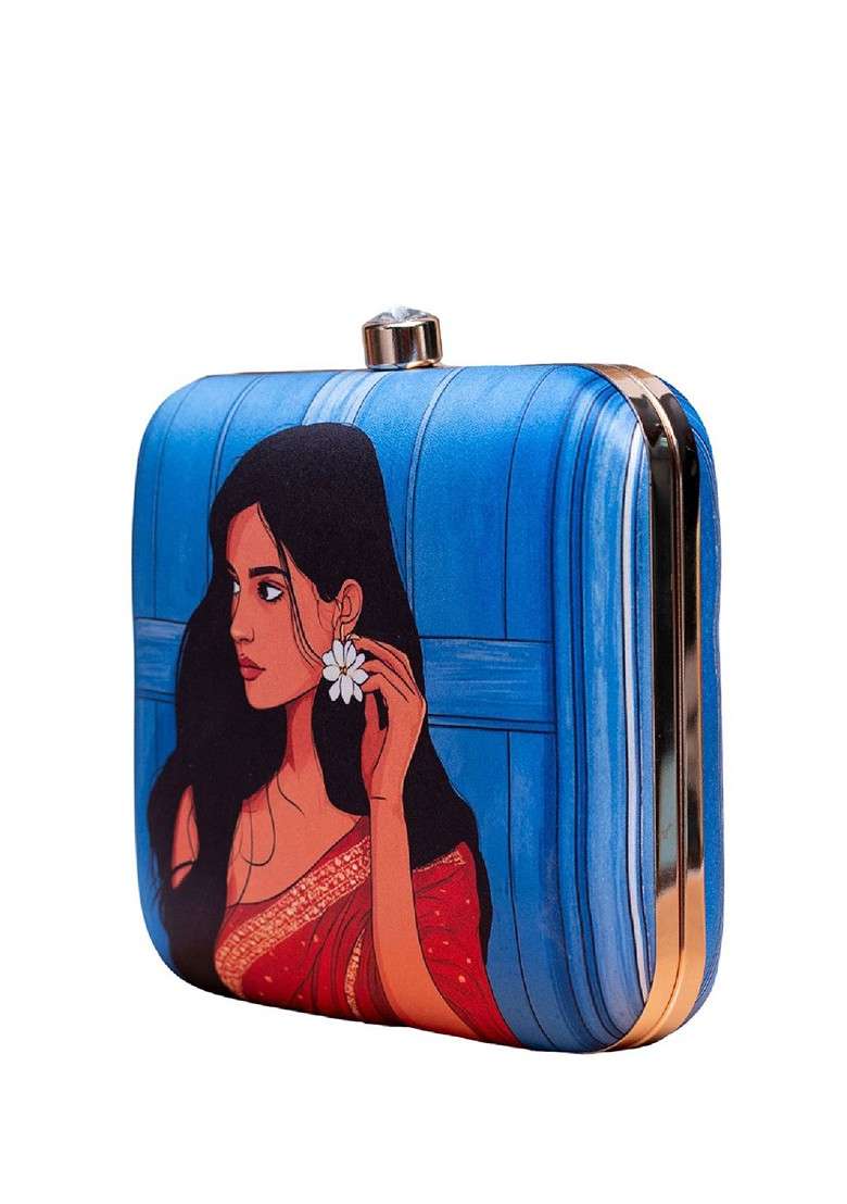 Blue Fabric Printed Box Clutch - Indya
