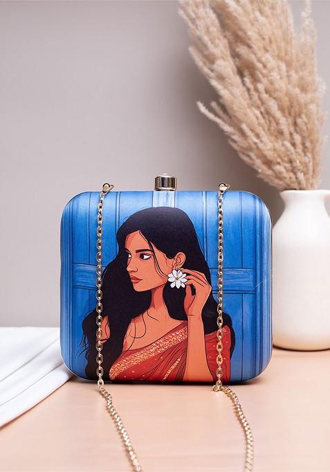 Blue Fabric Printed Box Clutch