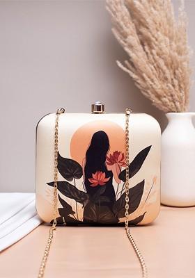 Beige Fabric Printed Box Clutch