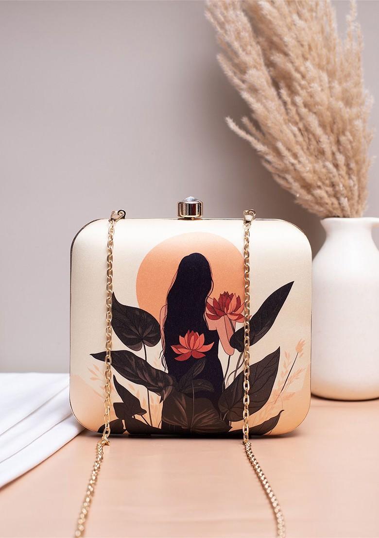 Beige Fabric Printed Box Clutch - Indya