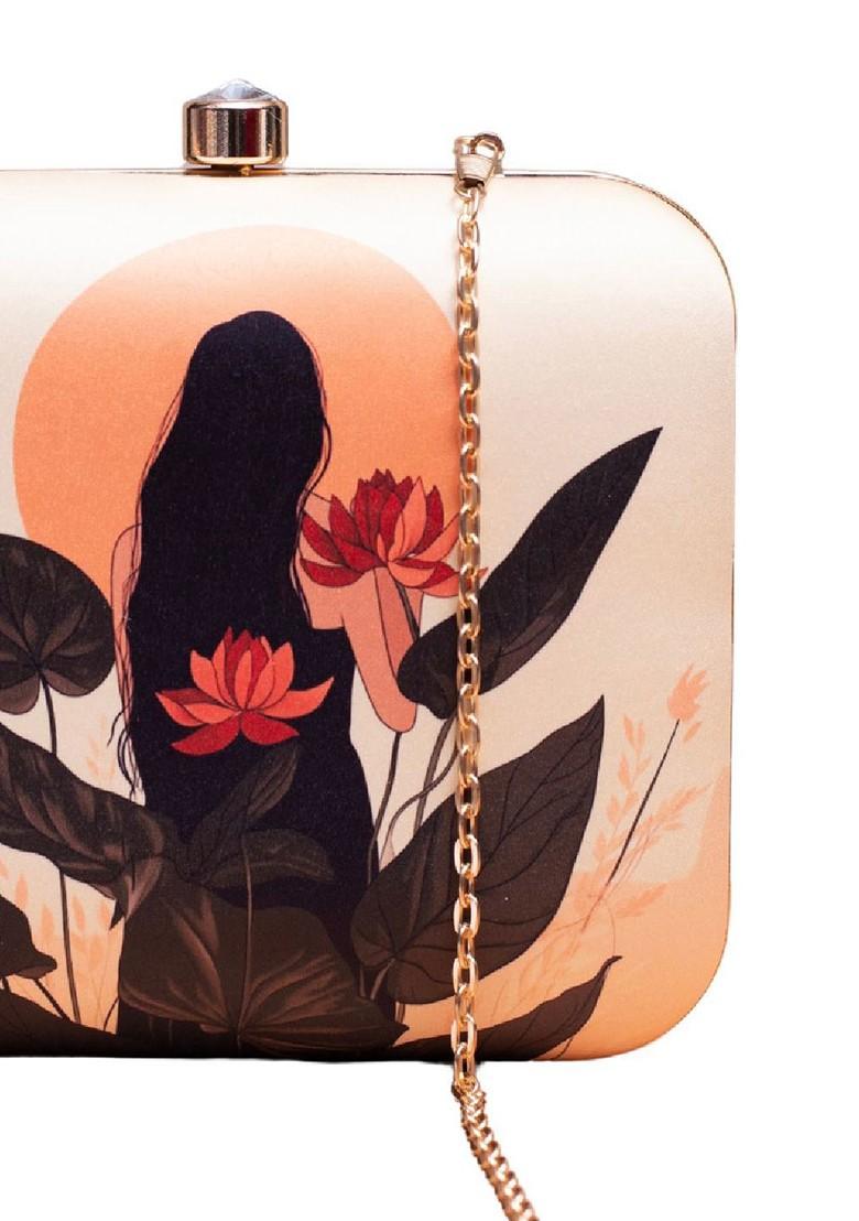 Beige Fabric Printed Box Clutch - Indya