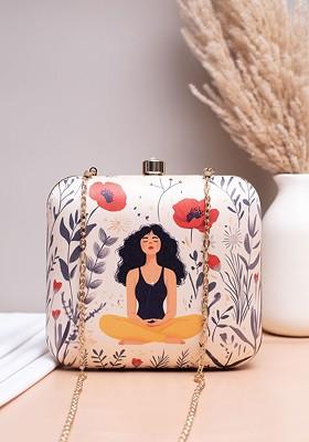 White Fabric Printed Box Clutch