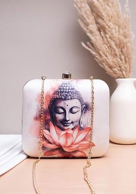 White Fabric Printed Box Clutch