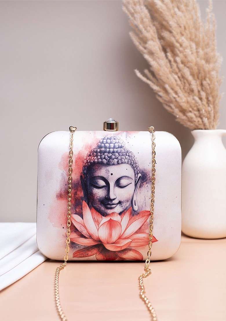 White Fabric Printed Box Clutch - Indya