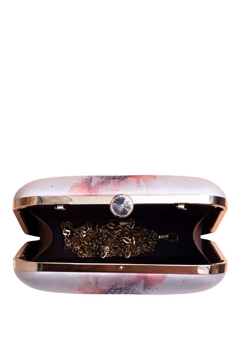 White Fabric Printed Box Clutch - Indya
