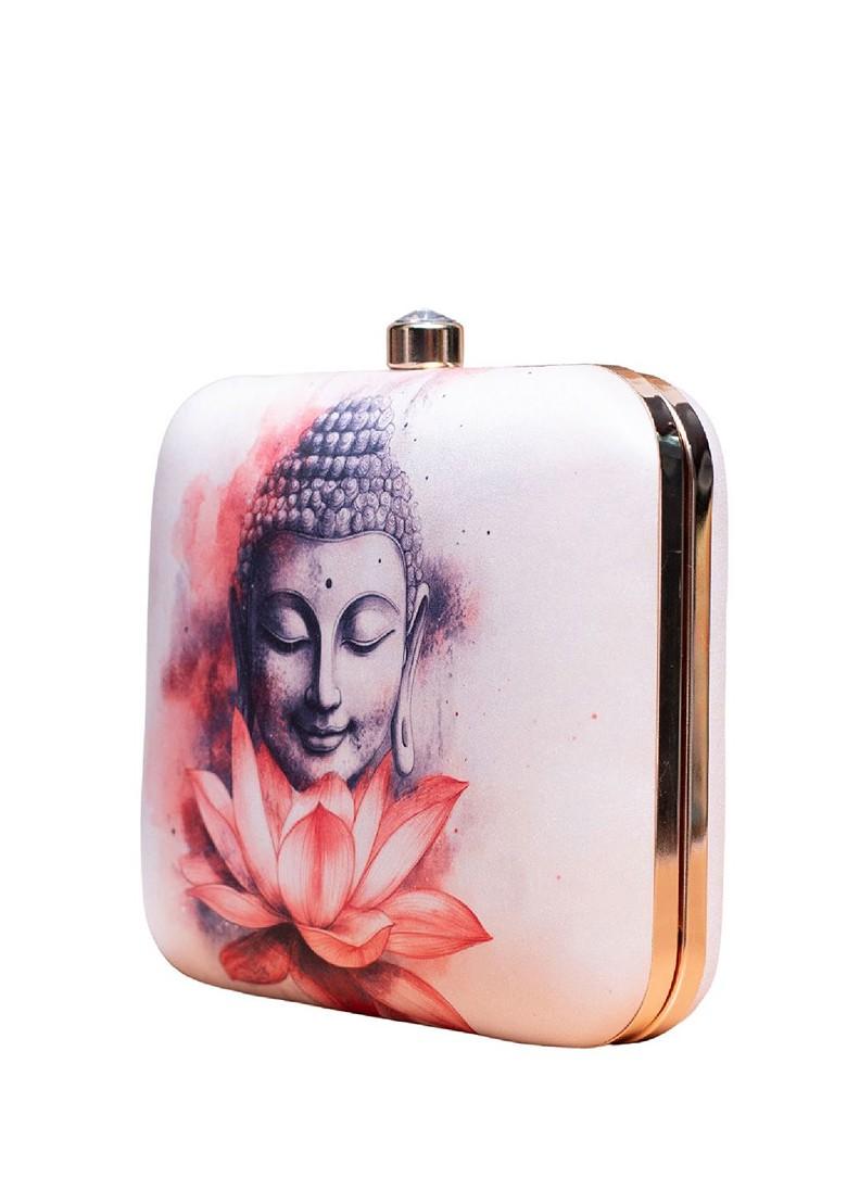 White Fabric Printed Box Clutch