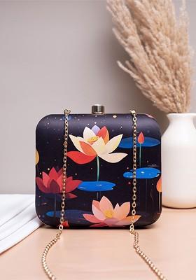 Black Fabric Printed Box Clutch