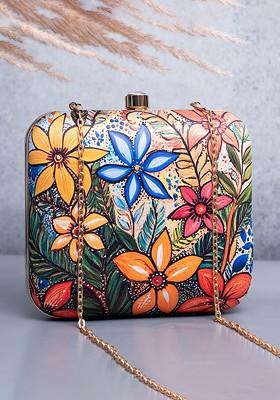 Green Fabric Printed Box Clutch