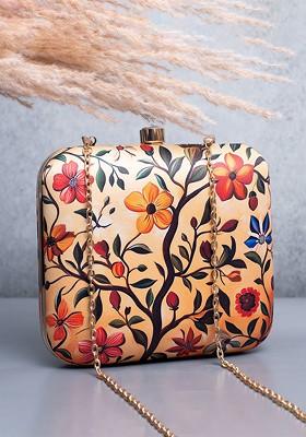 Beige Fabric Printed Box Clutch