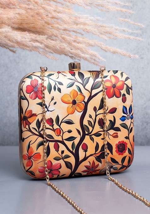 Beige Fabric Printed Box Clutch