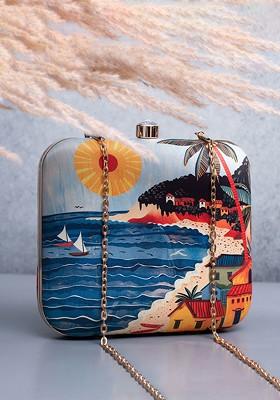 Blue Fabric Printed Box Clutch