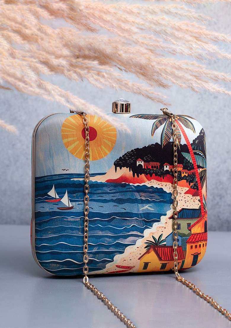 Blue Fabric Printed Box Clutch - Indya