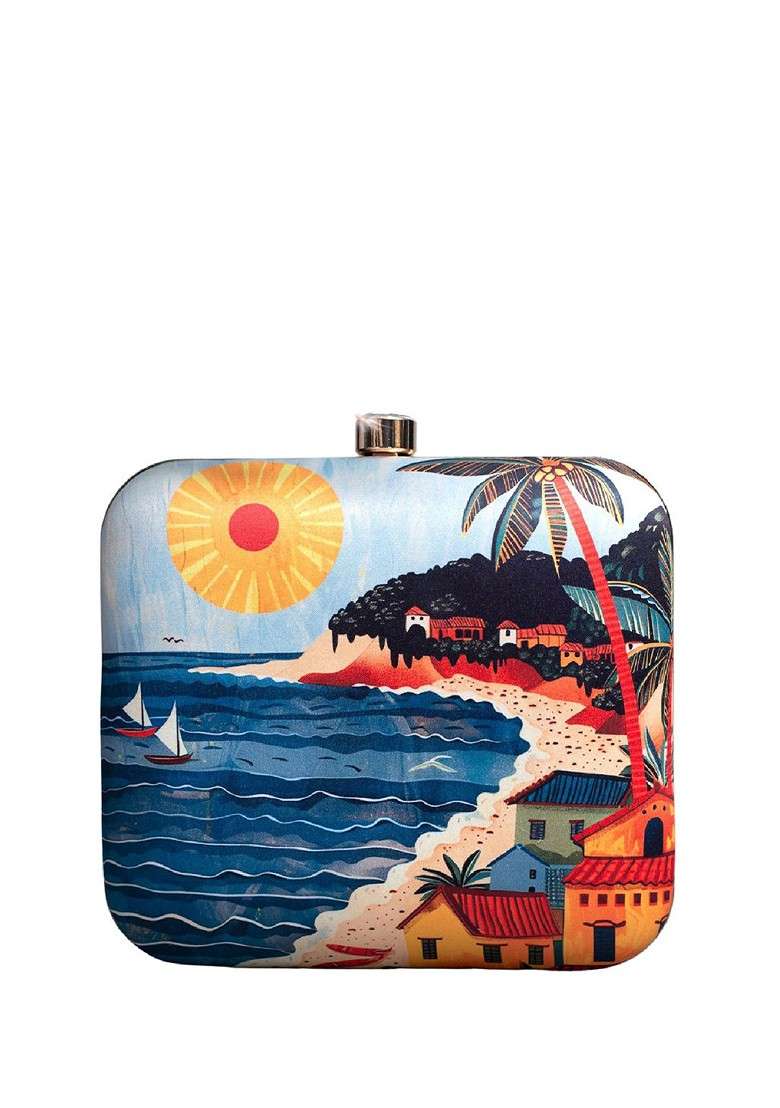 Blue Fabric Printed Box Clutch - Indya