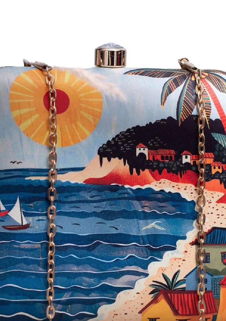 Blue Fabric Printed Box Clutch - Indya