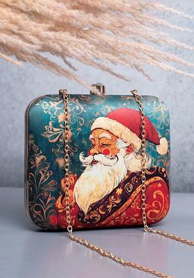 Green Fabric Printed Box Clutch