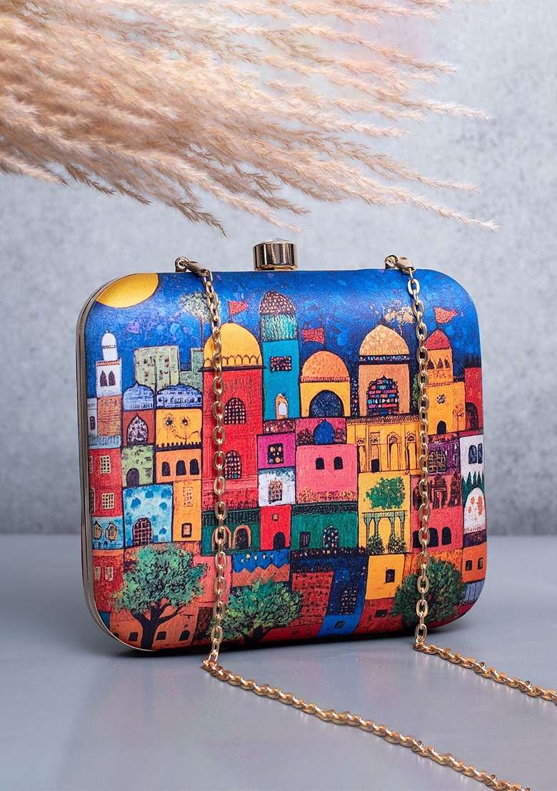 Blue Fabric Printed Box Clutch - Indya