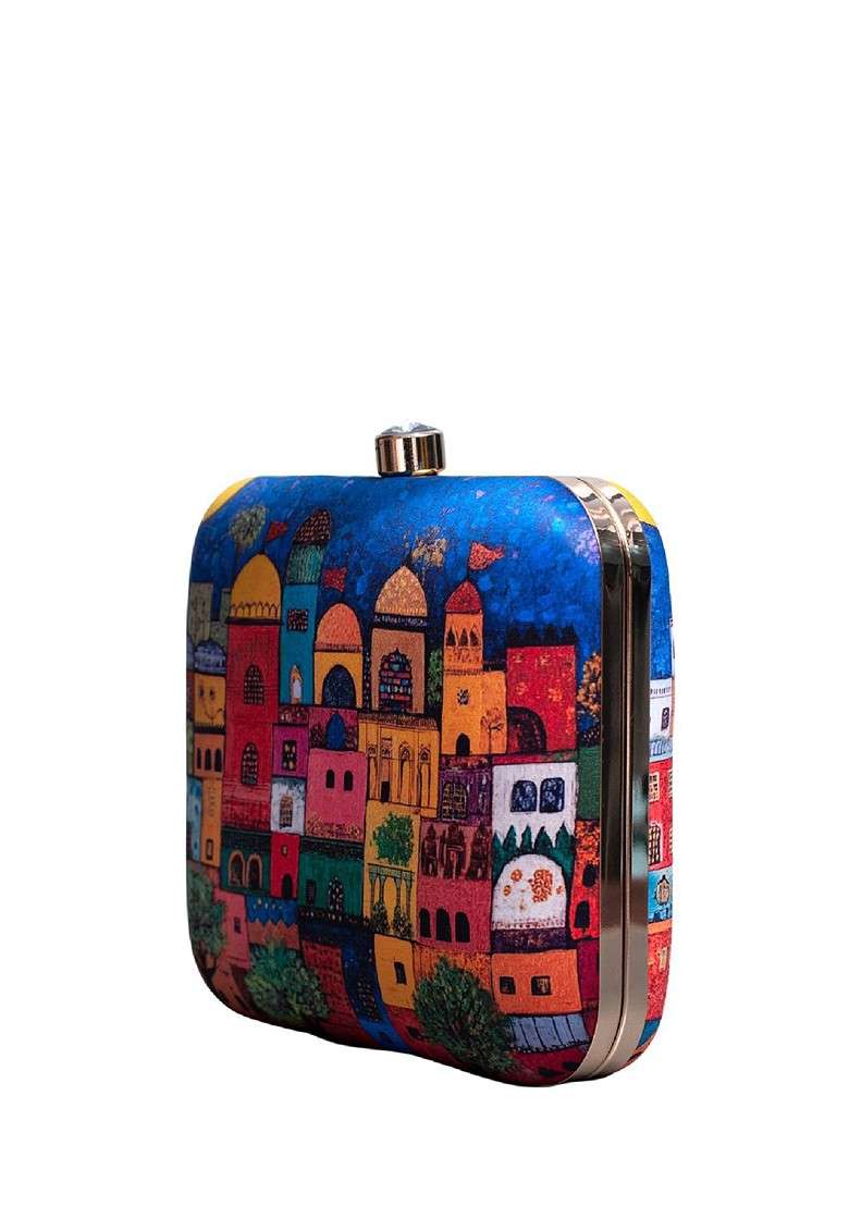 Blue Fabric Printed Box Clutch - Indya