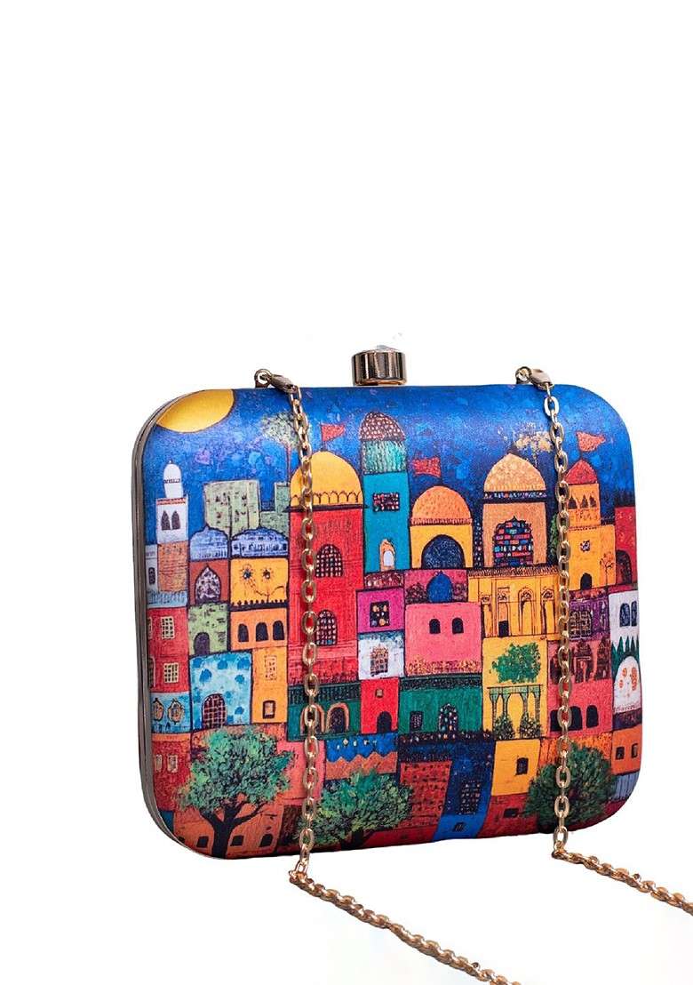 Blue Fabric Printed Box Clutch - Indya