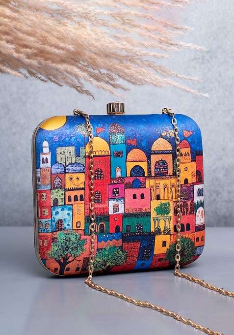 Blue Fabric Printed Box Clutch