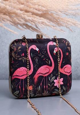 Black Fabric Printed Box Clutch