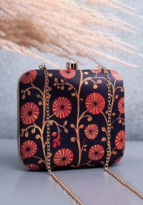Black Fabric Printed Box Clutch