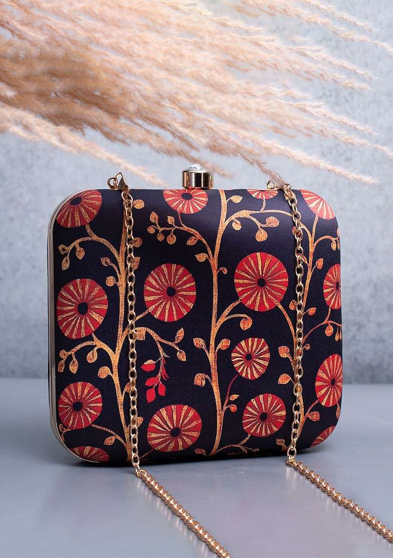 Black Fabric Printed Box Clutch - Indya