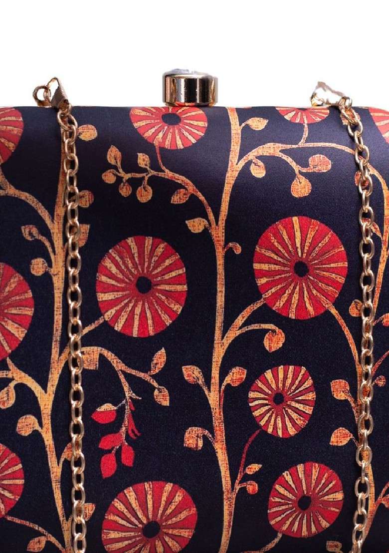 Black Fabric Printed Box Clutch - Indya