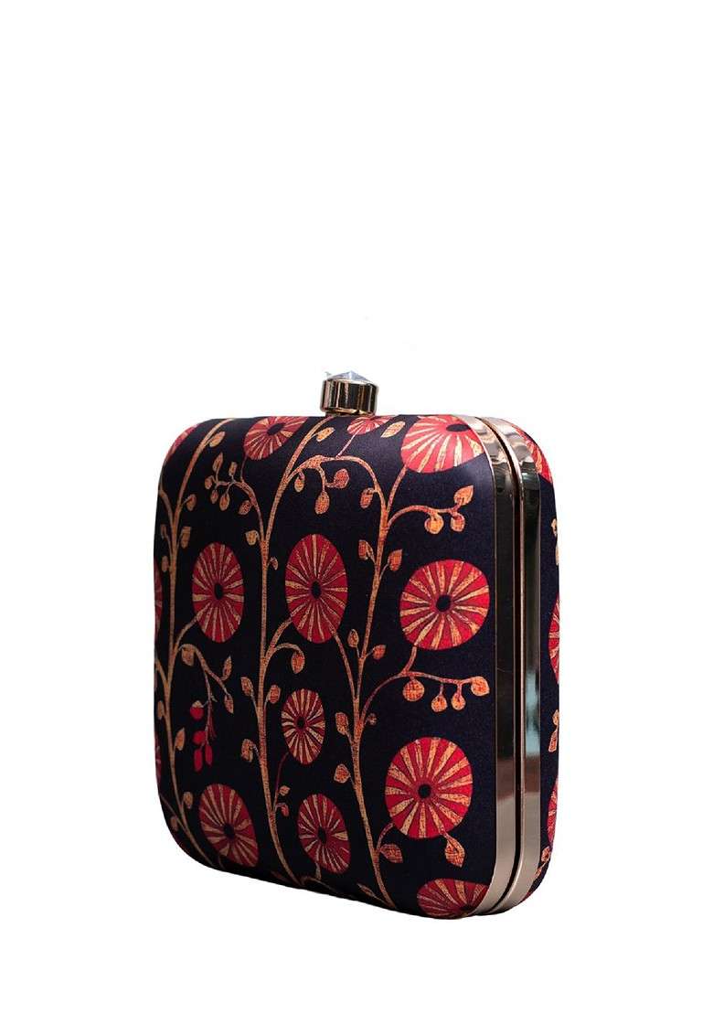 Black Fabric Printed Box Clutch - Indya