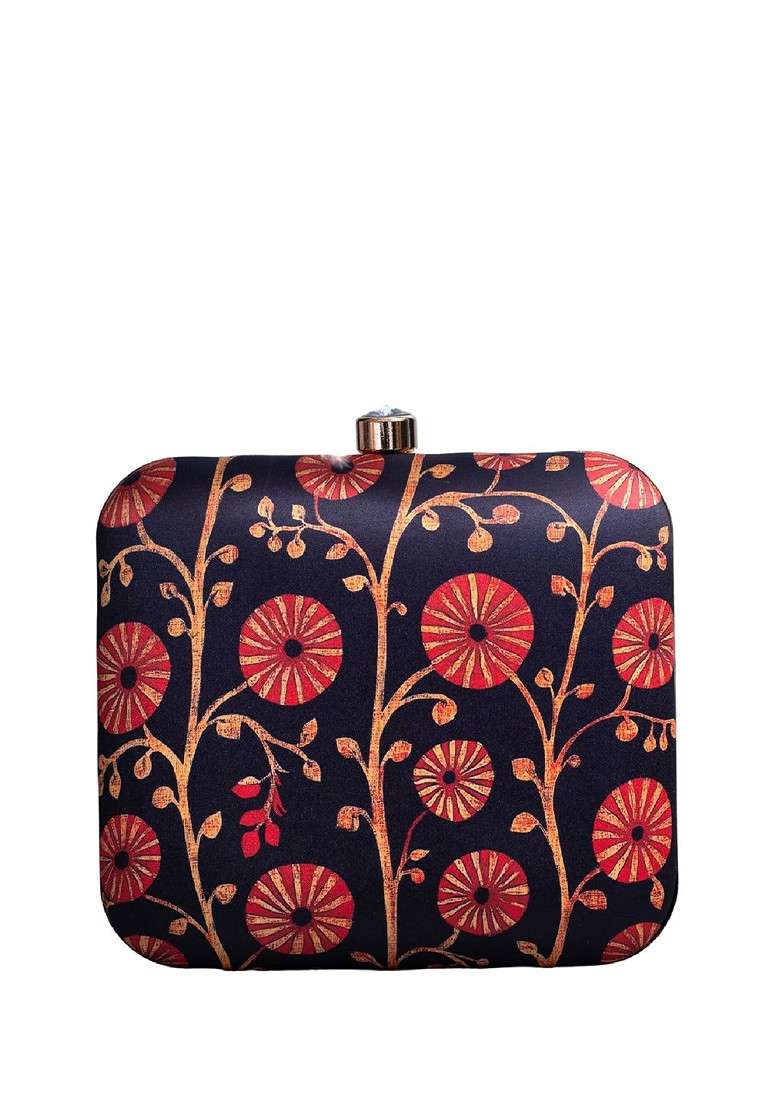 Black Fabric Printed Box Clutch - Indya