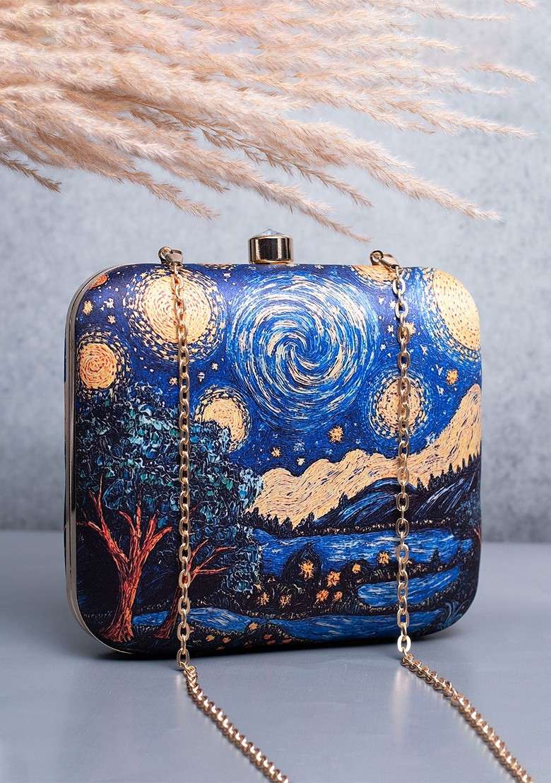 Blue Fabric Printed Box Clutch - Indya