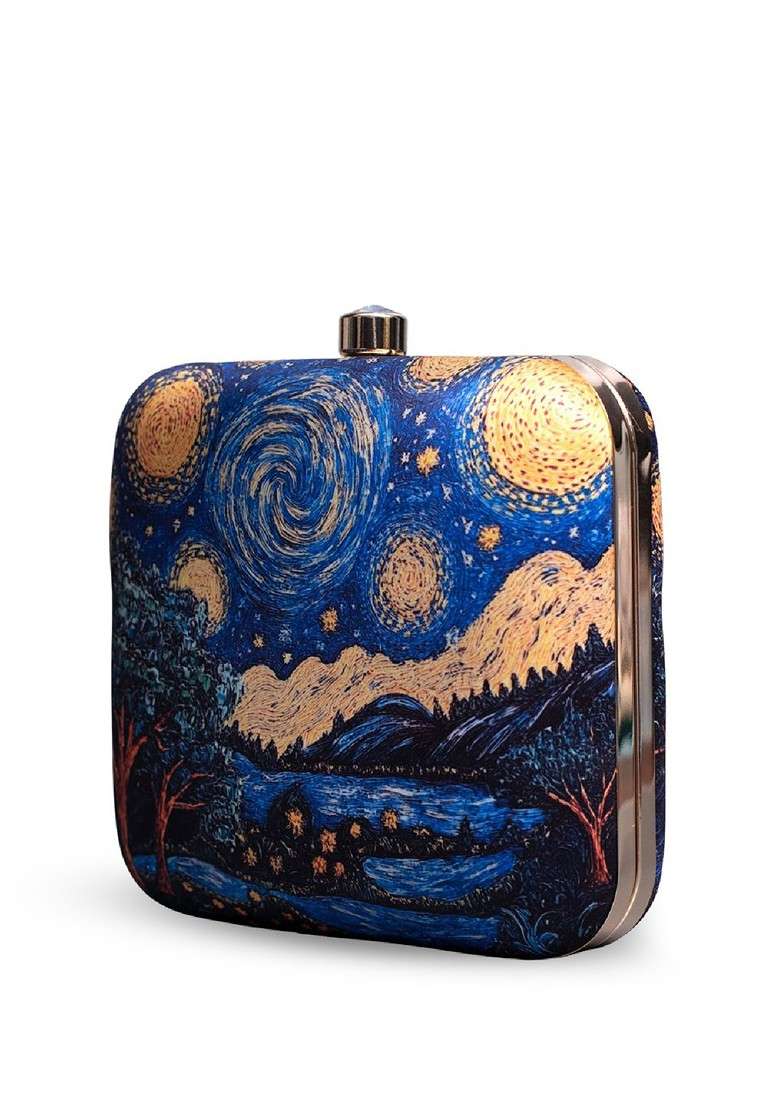 Blue Fabric Printed Box Clutch - Indya