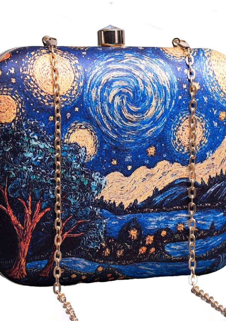 Blue Fabric Printed Box Clutch - Indya