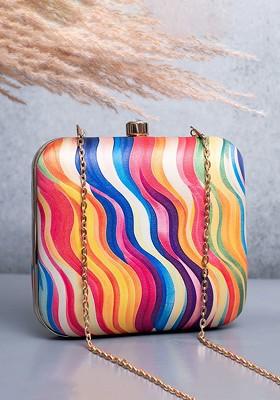 Beige Fabric Printed Box Clutch