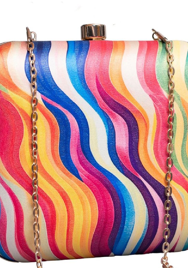 Beige Fabric Printed Box Clutch - Indya