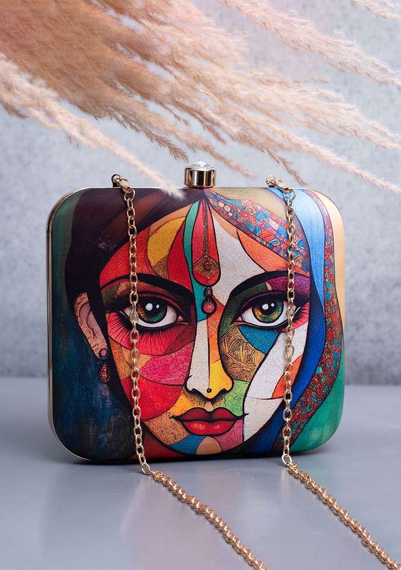 Red Fabric Printed Box Clutch - Indya