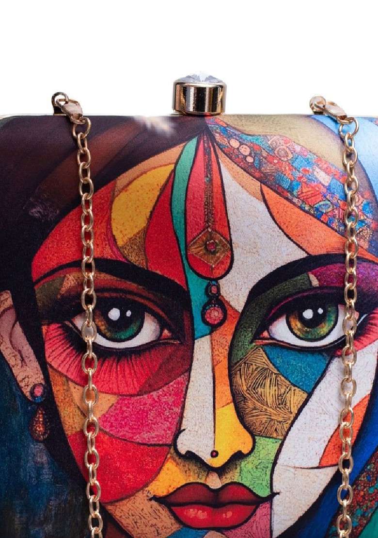 Red Fabric Printed Box Clutch - Indya