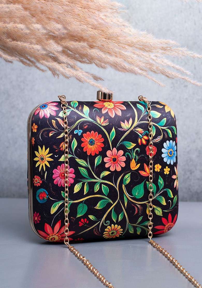 Black Fabric Printed Box Clutch - Indya