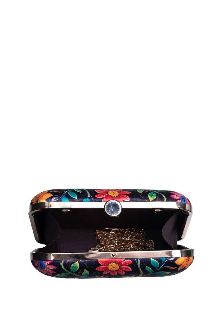 Black Fabric Printed Box Clutch - Indya