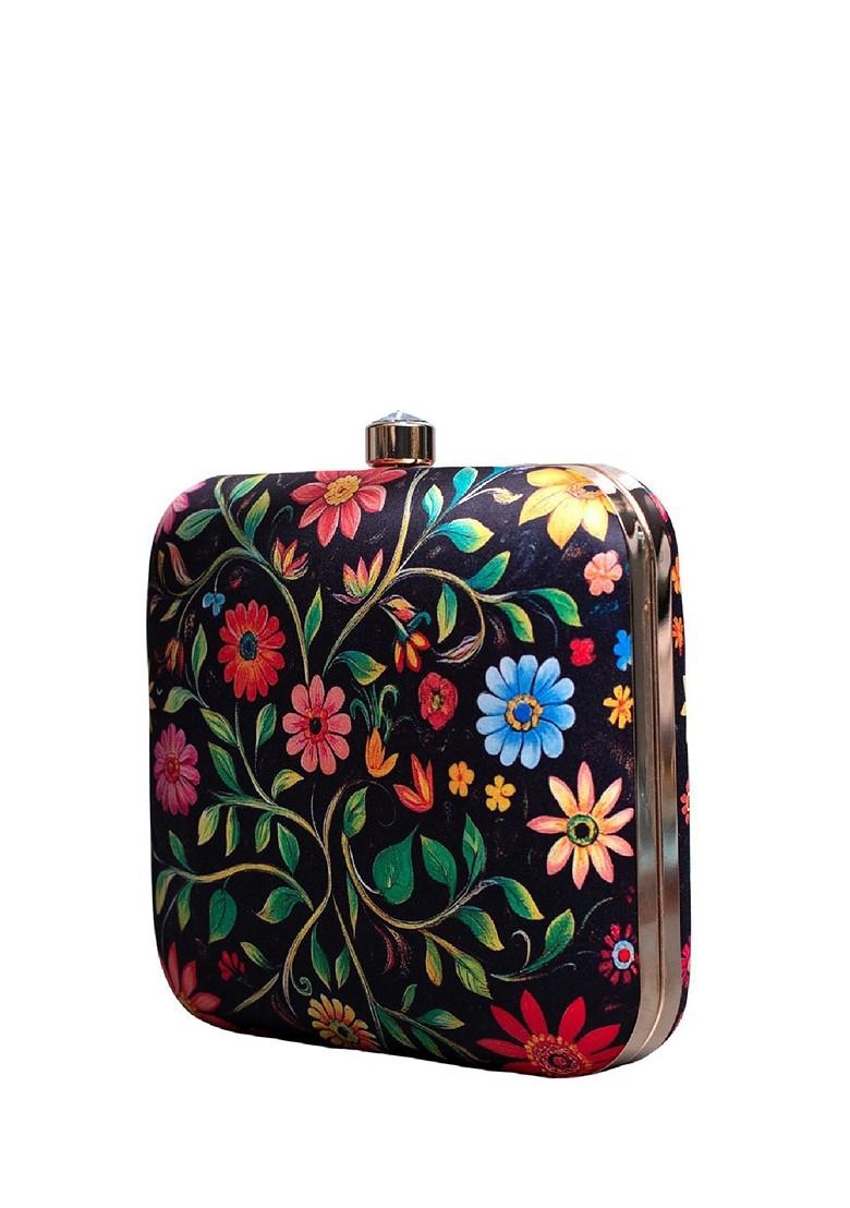 Black Fabric Printed Box Clutch - Indya