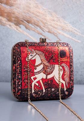 Red Fabric Printed Box Clutch