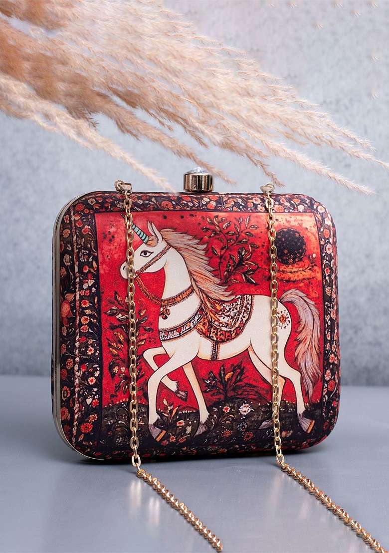 Red Fabric Printed Box Clutch - Indya