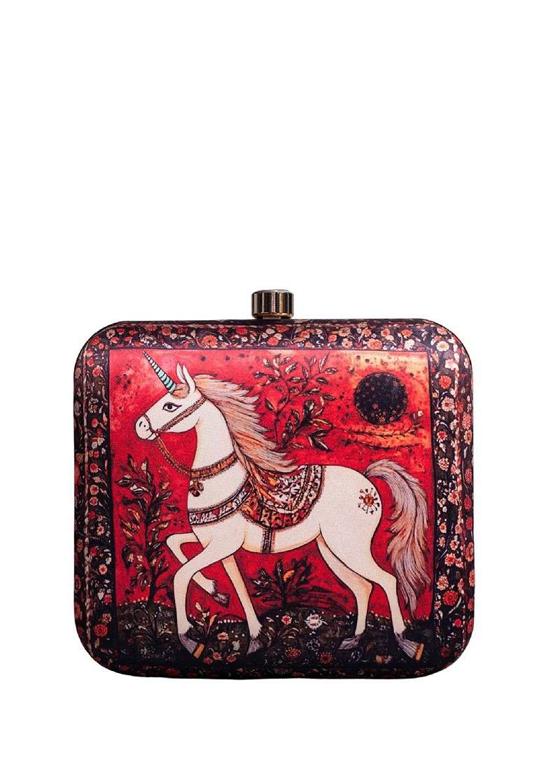 Red Fabric Printed Box Clutch - Indya