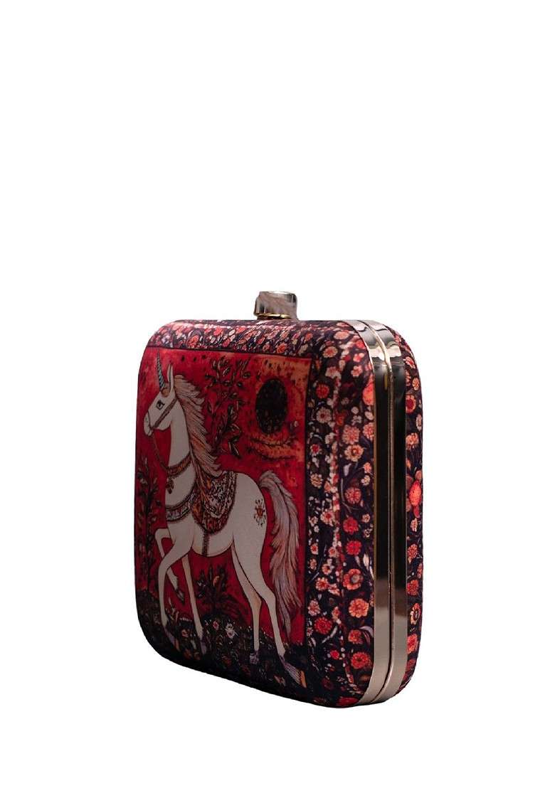 Red Fabric Printed Box Clutch - Indya