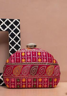 Red Satin Embroidered Box Clutch