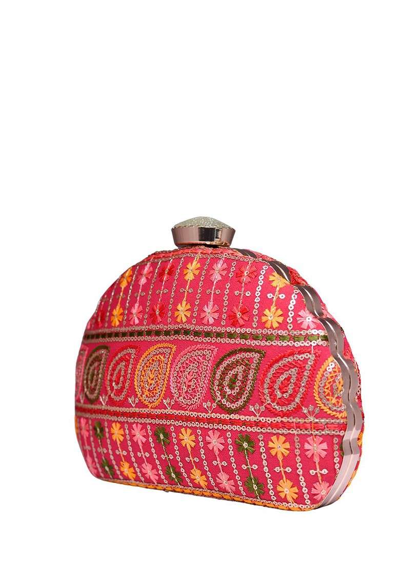 Red Satin Embroidered Box Clutch - Indya