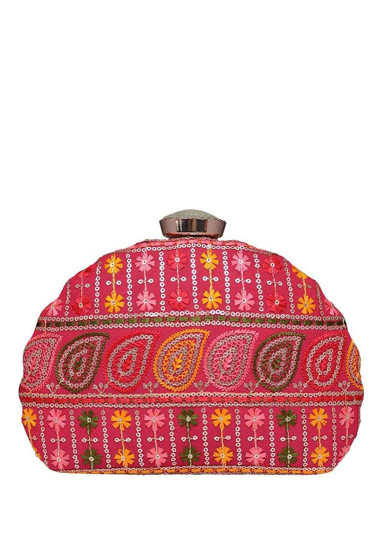 Red Satin Embroidered Box Clutch - Indya