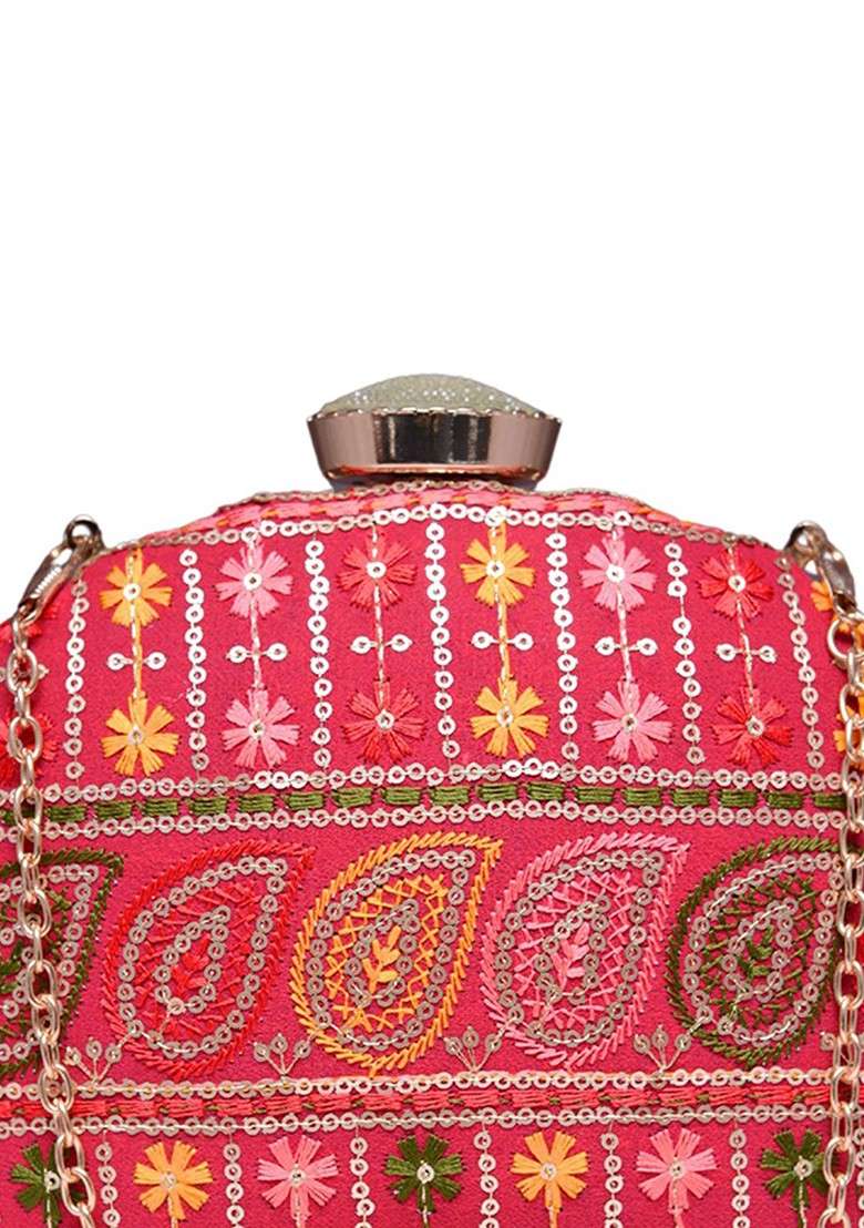 Red Satin Embroidered Box Clutch - Indya