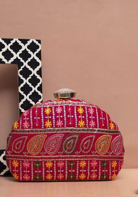 Red Satin Embroidered Box Clutch